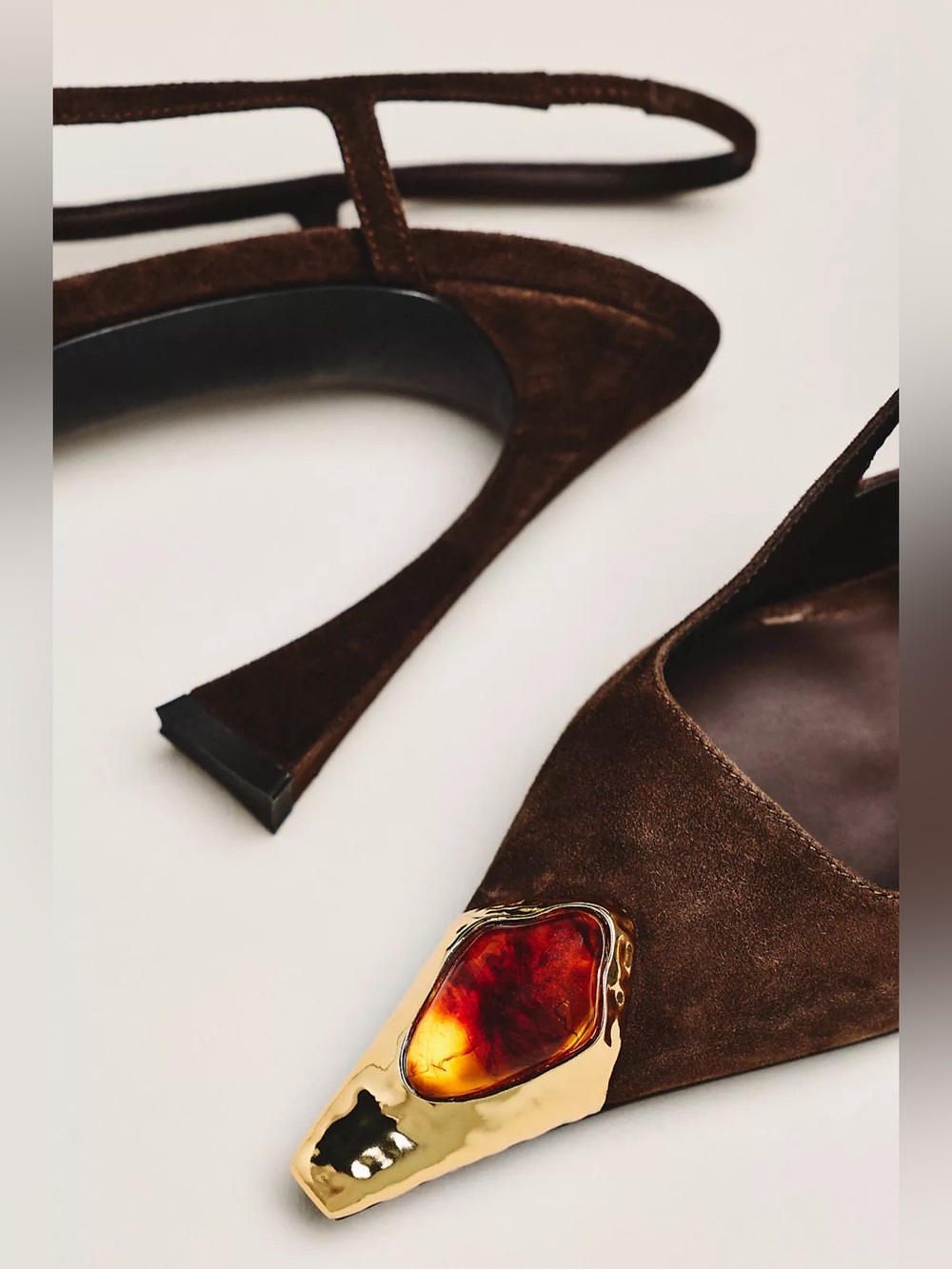Jeffrey Campbell Brown Suede Jewel Toe Slingback Heels Sculptural Pumps - Picture 2 of 4